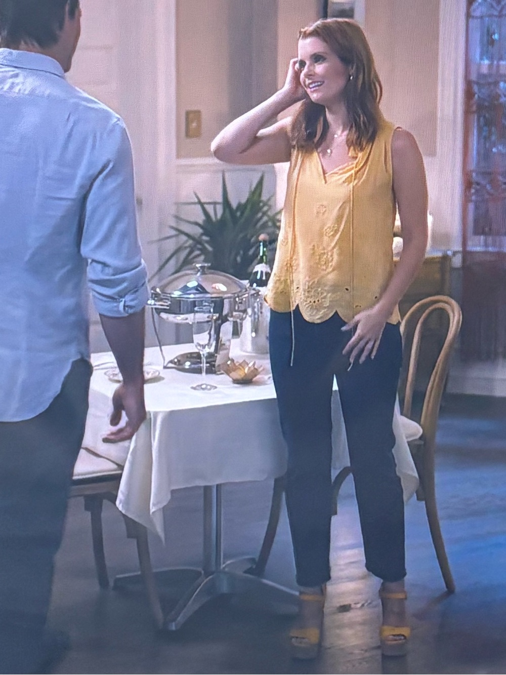 Chloe Yellow Silk Eyelet Tank Summer Top Flowy Silk Shirt ASO Sweet Magnolias